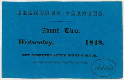 Bilet do Cremorne Gardens, Londyn, 1848 autorstwa English School