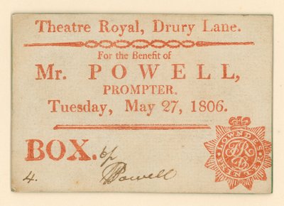 Bilet do Drury Lane Theatre, Londyn: Na korzyść pana Powella, suflera, 27 maja 1806 r. autorstwa English School