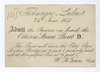 Bilet dla londyńskich sprzedawców ryb na rejs statkiem Citizen Steam Boat, 24 czerwca 1851 r autorstwa English School