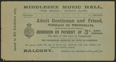 Bilet do Middlesex Music Hall, The Mogul, Drury Lane, Londyn autorstwa English School