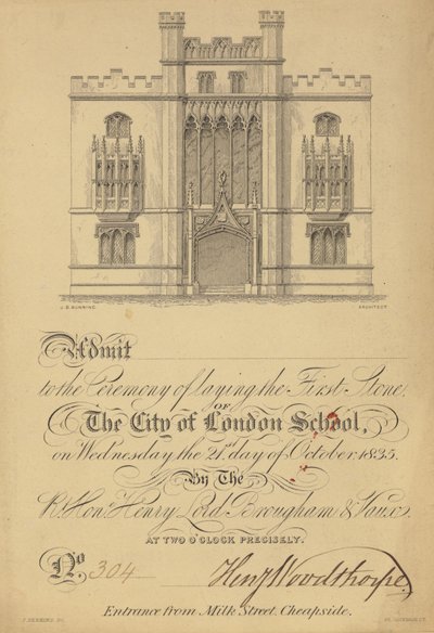 Bilet na wmurowanie pierwszego kamienia City of London School, 21 października 1835 autorstwa English School