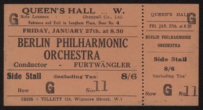 Bilet na koncert Orkiestry Filharmonii Berlińskiej, Queens Hall, Londyn piątek, 27 stycznia 1928 autorstwa English School