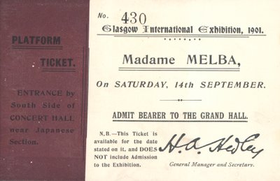 Bilet, aby usłyszeć Nellie Melba na Międzynarodowej Wystawie w Glasgow, 1901 (druk) autorstwa English School