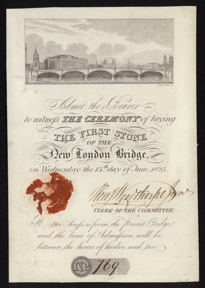 Bilet na ceremonię wmurowania pierwszego kamienia pod nowy most London Bridge autorstwa English School