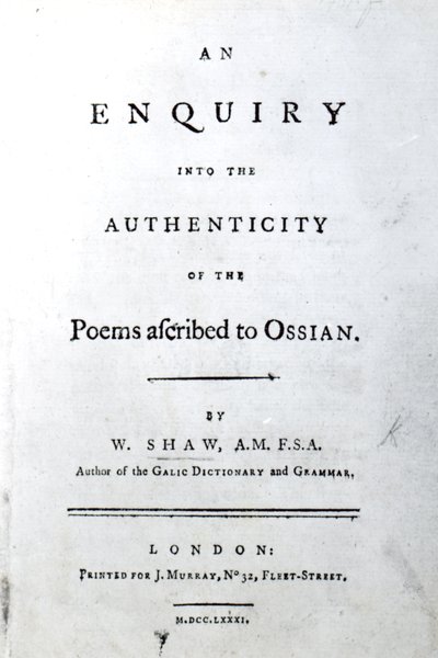 Strona tytułowa Zapytania o autentyczność wierszy przypisywanych Osianowi przez Williama Shawa, opublikowana w 1781 r. (papier drukowany) autorstwa English School