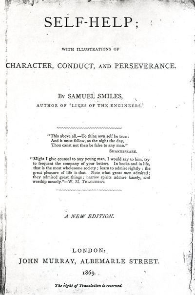 Strona tytułowa samopomocy; z ilustracjami charakteru, postępowania i wytrwałości Samuela Smilesa, opublikowanym w 1869 r. (papier drukowany) autorstwa English School