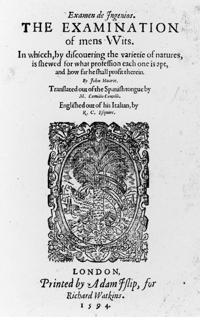 Strona tytułowa „The Examination of mens Wits” Juana Huarte, opublikowana 1594 (papier drukowany) autorstwa English School