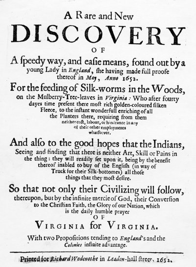 Strona tytułowa zreformowanego jedwabnika z Wirginii autorstwa Samuela Hartliba, opublikowana w 1652 r. (druk typograficzny) autorstwa English School