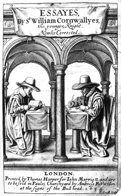 Strona tytułowa do esejów Sir Williama Cornwallisa, druk wykonany przez Thomasa Cecilla, opublikowany 1632 autorstwa English School