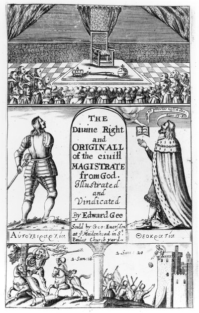 Strona tytułowa do Boskiego prawa i oryginału magistratu cywilnego od Boga, rytowana przez Edwarda Gee, 1658 autorstwa English School