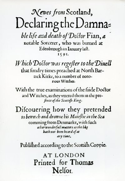 Strona tytułowa Wiadomości ze Szkocji, Declaring the Damnable life and death of Dr Fian, 1591 autorstwa English School