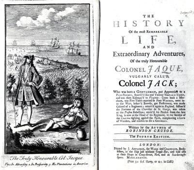 Strona tytułowa i frontyspis do Historii najbardziej niezwykłego życia i niezwykłych przygód prawdziwie czcigodnego pułkownika Jaque autorstwa Daniela Defoe, 1738 autorstwa English School