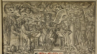 Szczegóły na stronie tytułowej przedstawiające „Króla Henryka VIII na tronie”, z „Wielkiej Biblii”, ok. 1541 (drzewryt) autorstwa English School