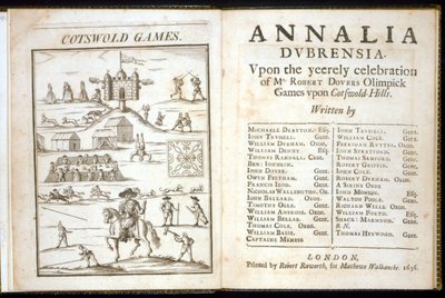 Strona tytułowa dla Annalia Dubrensia: W czasie uroczystych obchodów Igrzysk Olimpijskich Roberta Doversa na Cotswold Hills, 1636 autorstwa English School