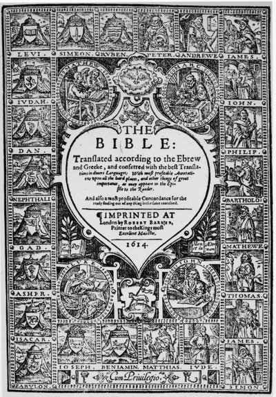 Strona tytułowa angielskiego tłumaczenia Biblii Genewskiej, 1614 r. autorstwa English School