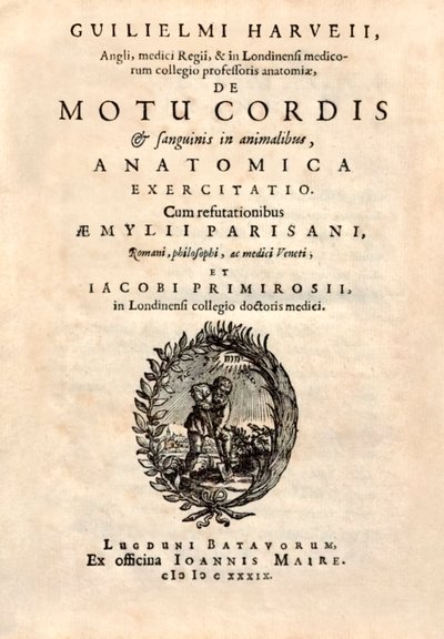 Strona tytułowa książki "De Motu Cordis set Sanguinis in Animalibus" (Ruch serca i krwi w istotach żywych) autorstwa Williama Harveya (1578-1657) opublikowanej w 1628 roku. autorstwa English School