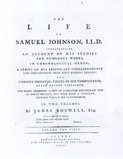 Titelseite, aus Das Leben von Samuel Johnson von James Boswell von English School