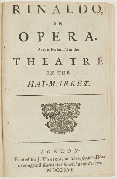 Strona tytułowa z libretta opery Haendla „Rinaldo”, Giacomo Rossi, 1717 autorstwa English School