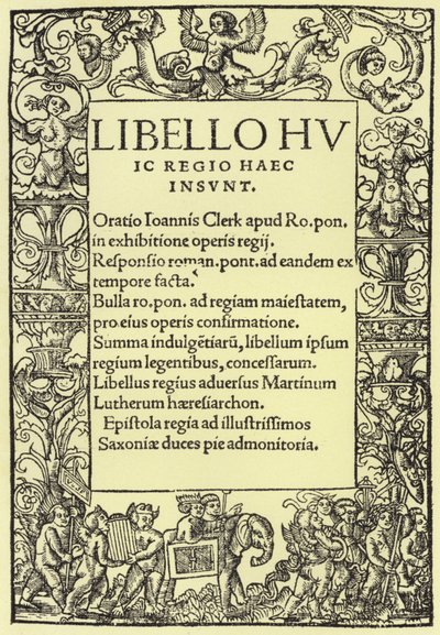 Strona tytułowa Henryka VIII Obrony wiary rzymskokatolickiej autorstwa English School