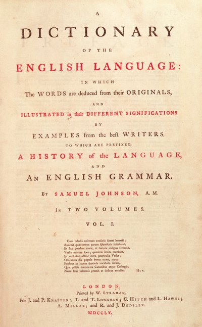 Strona tytułowa Johnsons Dictionary of the Human Language Londyn, 1755 autorstwa English School