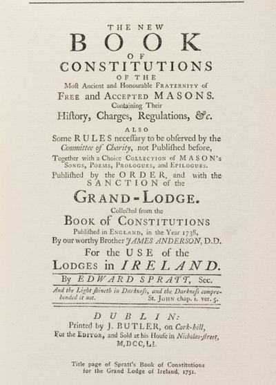 Strona tytułowa Księgi Konstytucji Spratts dla Wielkiej Loży w Irlandii, 1751 r autorstwa English School