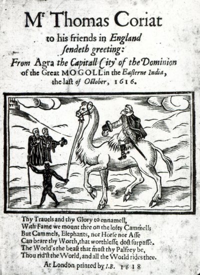 Strona tytułowa Thomasa Coryatsa wydrukowana pośmiertnie relacja z podróży po Indiach, wydana w Londynie 1618 (papier drukowany i drzeworyt) autorstwa English School