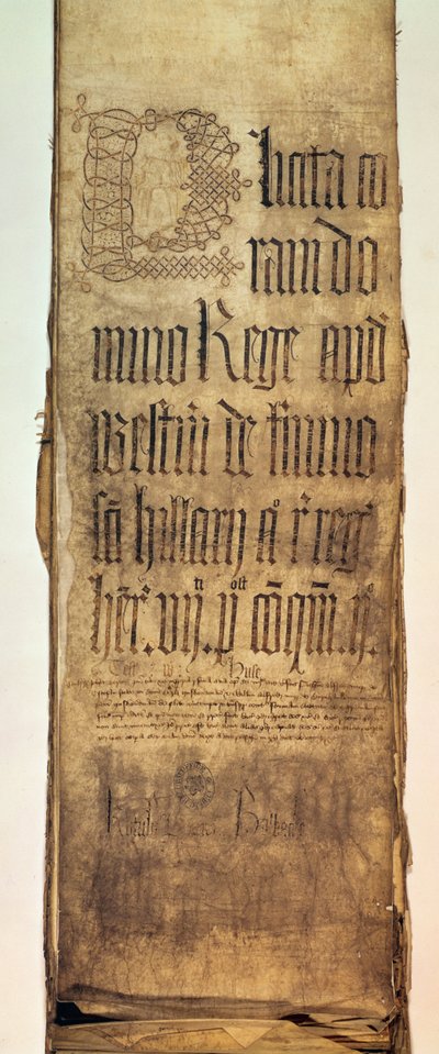 Strona tytułowa listy zarzutów ławy królewskiej za okres Hilary Term, 1487 r. autorstwa English School