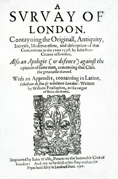 Strona tytułowa do A Survey of London autorstwa Johna Stow, opublikowanej w 1598 (papier drukowany) autorstwa English School