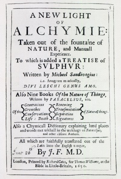 Strona tytułowa do angielskiego wydania A New Light on Alchemy Michała Sędziwoja, 1650 (druk) autorstwa English School