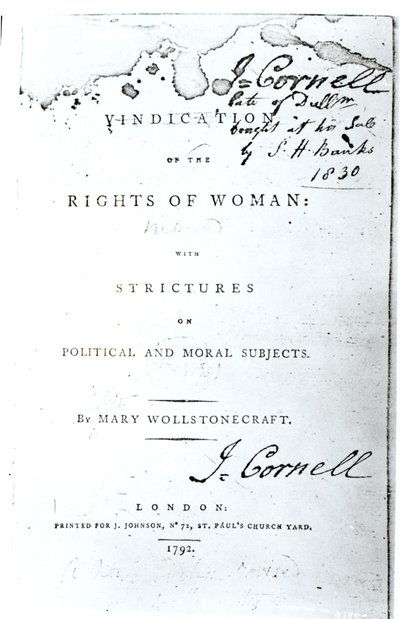 Strona tytułowa „Rewindykacja praw kobiety” Mary Wollstonecraft, opublikowana w 1792 r. autorstwa English School