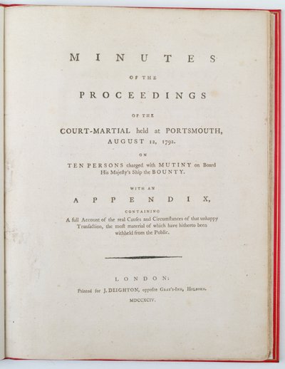 Strona tytułowa protokołu z rozprawy sądu wojskowego w Portsmouth, 12 sierpnia 1792, opublikowane w Londynie 1794 (druk) autorstwa English School