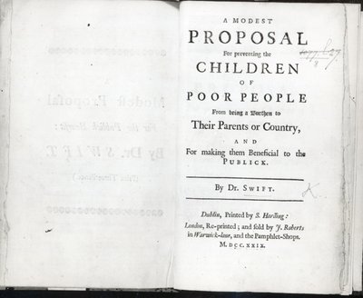 Strona tytułowa do A Modest Proposal autorstwa Jonathana Swifta, opublikowanej w 1729 roku (druk) autorstwa English School