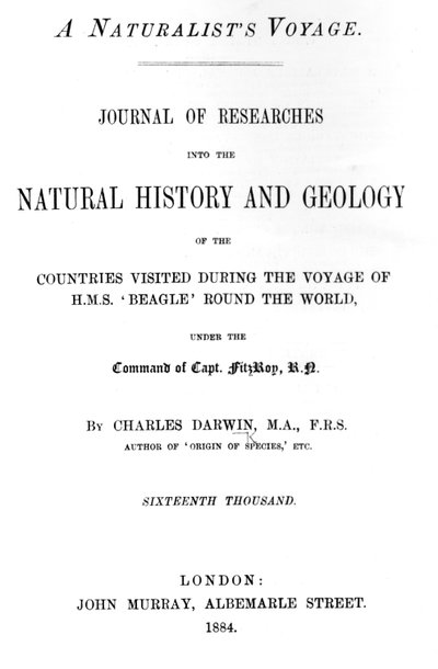 Strona tytułowa do A Naturalists Voyage Around the World Charlesa Darwina, wydanie opublikowane w 1884 r. (papier drukowany) autorstwa English School