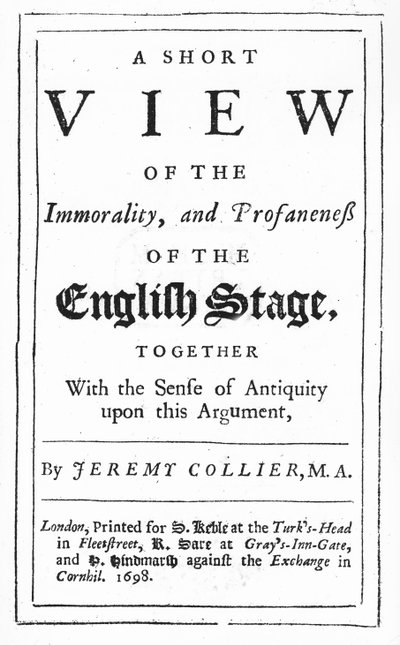 Strona tytułowa do „Krótkiego spojrzenia na niemoralność i wulgaryzmy sceny angielskiej” Jeremy’ego Colliera, 1698 (druk) autorstwa English School