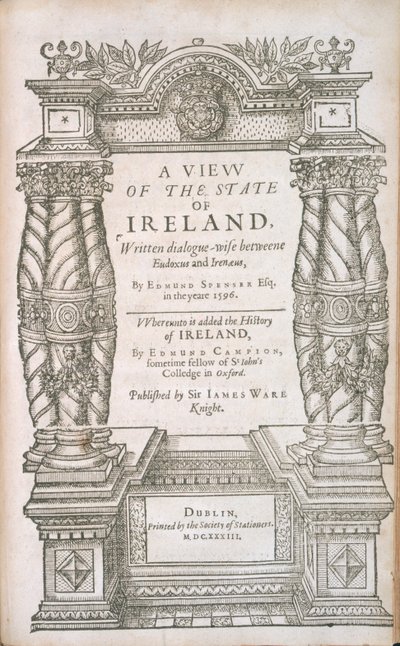 Strona tytułowa do A View of the State of Ireland i The History of Ireland, 1633 autorstwa English School
