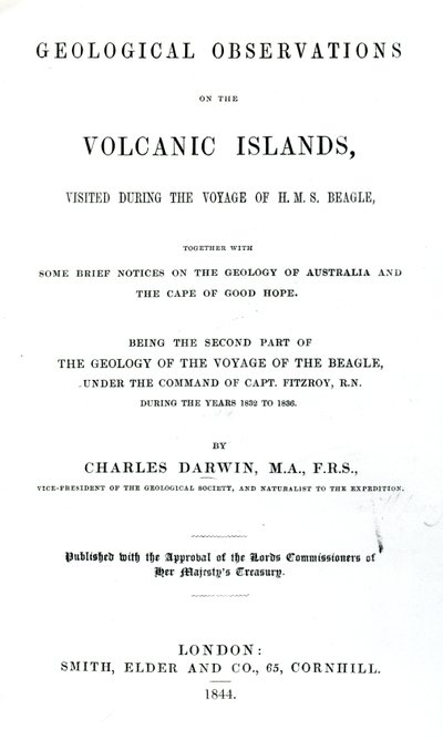 Strona tytułowa do obserwacji geologicznych na wyspach wulkanicznych Karola Darwina, 1844 (papier drukowany) autorstwa English School