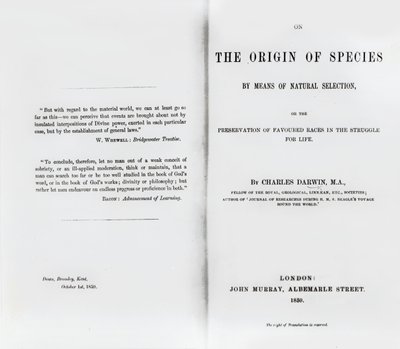 Strona tytułowa książki O powstawaniu gatunków Karola Darwina, opublikowanej w 1859 r. autorstwa English School
