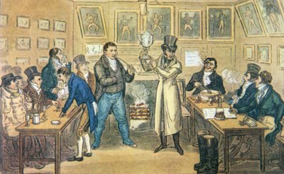 Salon Toma Cribba w Union Arms, Holborn, trzymający Puchar Cribba, z akwatinty Cruickshanka z „Życia w Londynie” Pierce