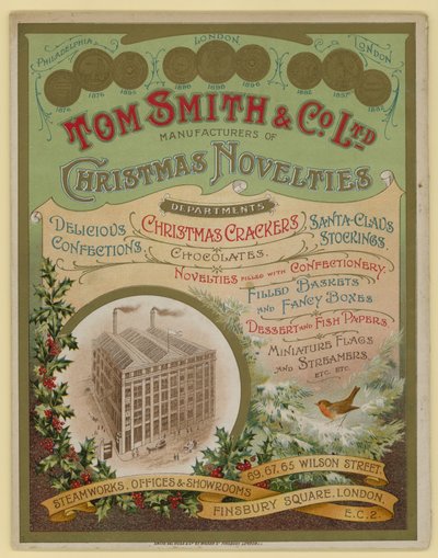 Tom Smith & Co Ltd, świąteczne nowości, świąteczne krakersy, okładka broszury autorstwa English School