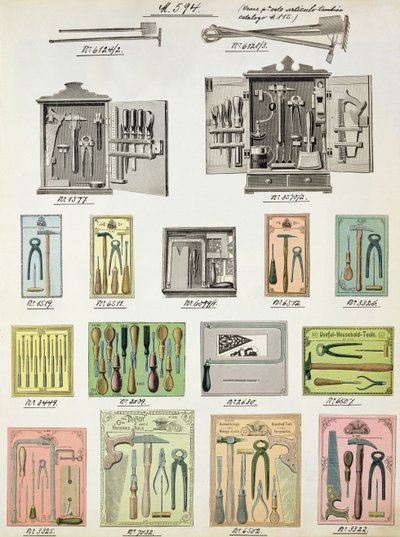 Narzędzia i skrzynki narzędziowe z katalogu handlowego artykułów gospodarstwa domowego i wyposażenia, ok. 1890-1910 autorstwa English School