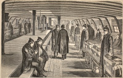 Górny pokład statku szpitalnego Unite, przymocowany do kadłubów w Woolwich, ilustracja z The Criminal Prisons of London i Scenes from Prison Life autorstwa Henry