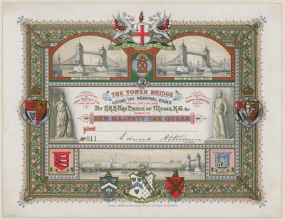 Tower Bridge, Londyn, Zaproszenie do wmurowania kamienia pamiątkowego, 21 czerwca 1886 r. autorstwa English School
