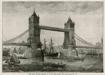 Tower Bridge podczas przypływu, z podniesionym mostem zwodzonym autorstwa English School