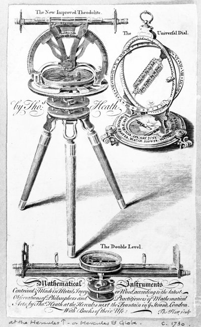 Karta handlowa dla Thomasa Heatha, twórcy instrumentów matematycznych, grafika wykonana przez Thomasa Platta, ok. 1730 autorstwa English School