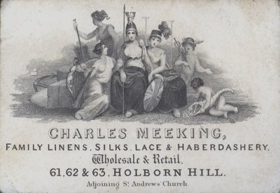 Karta handlowa reklamująca Charlesa Meekinga, handlarza płótnem, jedwabiem, koronką i pasmanterią, Holborn Hill, Londyn (rycina) autorstwa English School