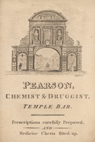 Karta handlowa dla Pearson, chemika i aptekarza, Temple Bar, Londyn (grawerowanie) autorstwa English School
