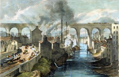 Pociąg przejeżdżający przez Stockport Viaduct na London  North Western Railway, ok. 1845 r. (kolorowa litografia) autorstwa English School