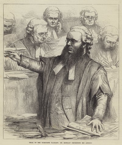 Proces powoda Tichborne, dr Kenealy kończący swój adres (grawerunek) autorstwa English School