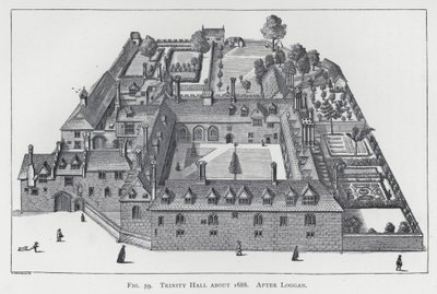 Trinity Hall ok. 1688, wg Loggana (rycina) autorstwa English School