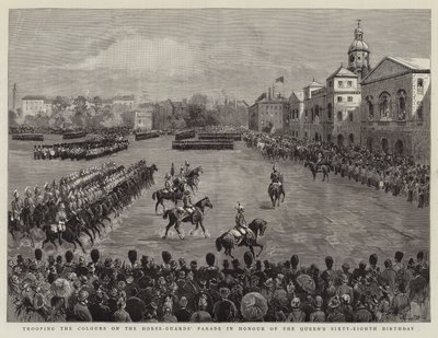 Trooping the Colors on the Horse-Guards” na cześć 68. urodzin królowej autorstwa English School
